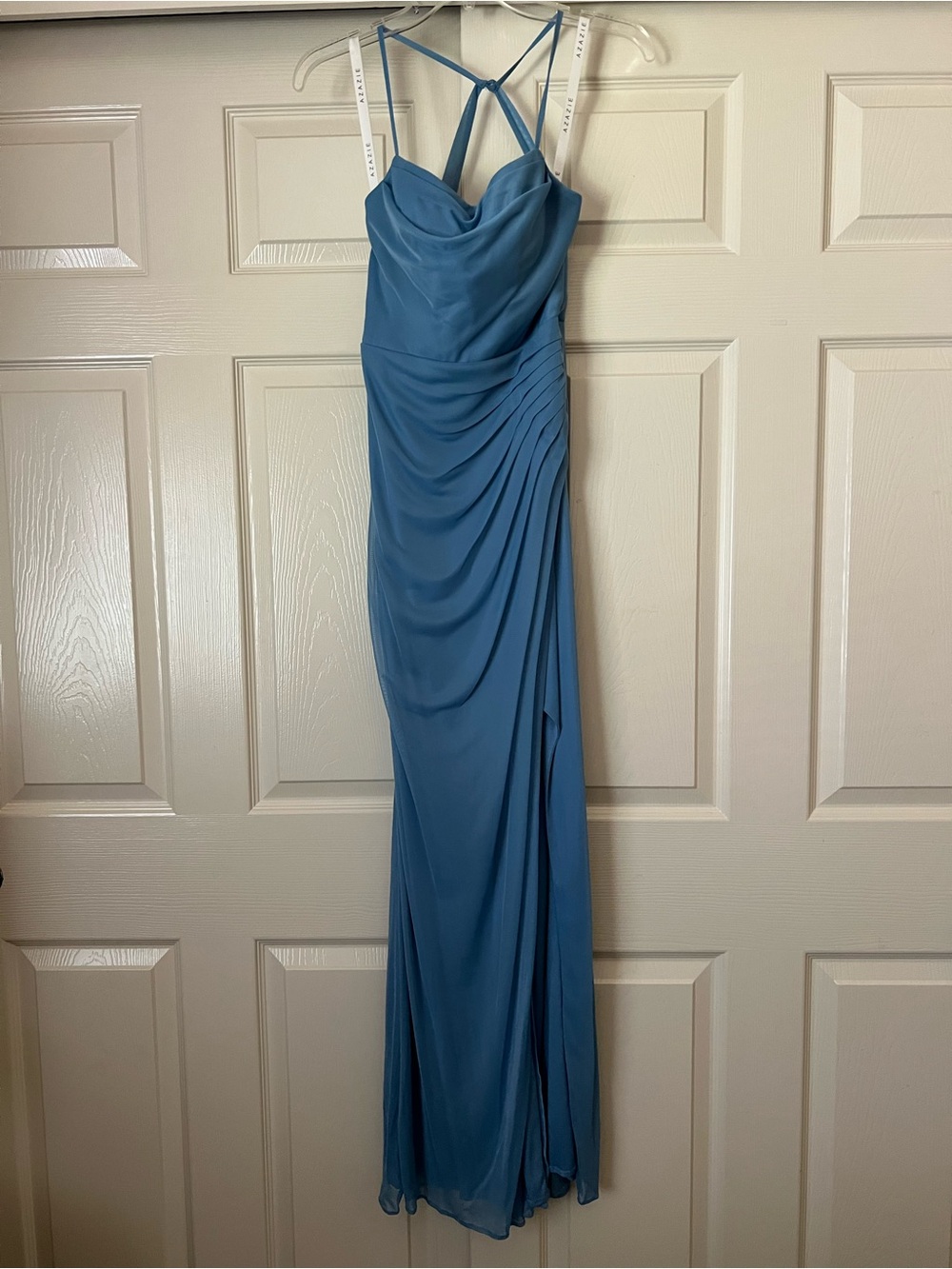 Azazie Dusty Blue Ruched Draped Spaghetti-Strap Gown